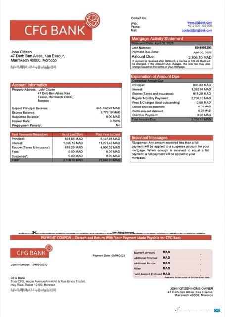 Download Morocco CFG Bank mortgage statement Word and PDF template Photoshop template